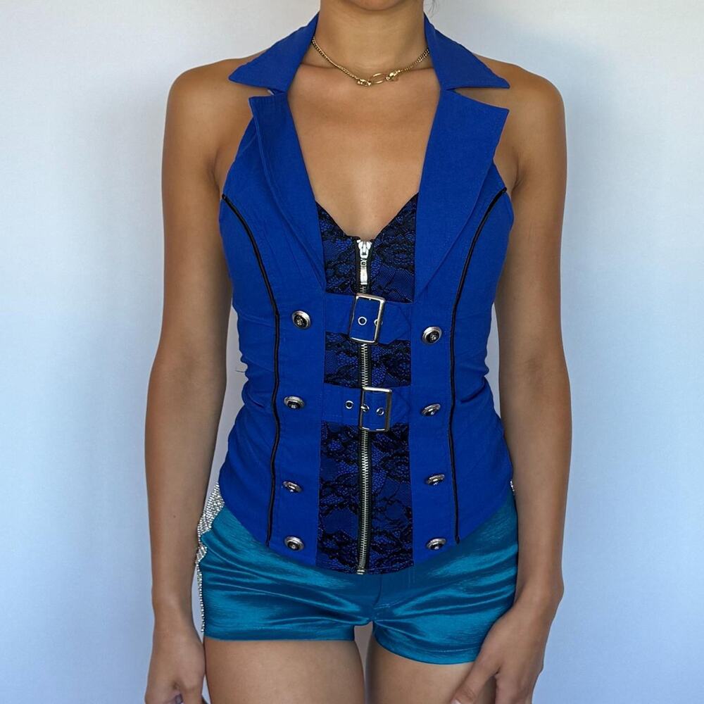 Blue Buttoned Top with Buckles